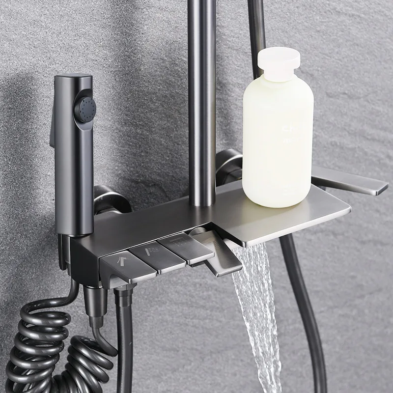Grey Piano Bathroom Shower System Set Rainfall Gray Bathroom Shower Faucets Head Quality Brass Piano Bath Set