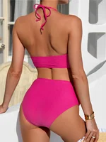 Maillot de bain sexy taille haute pour femmes, col licou, couleur unie, vêtements de plage, été, 2025 2