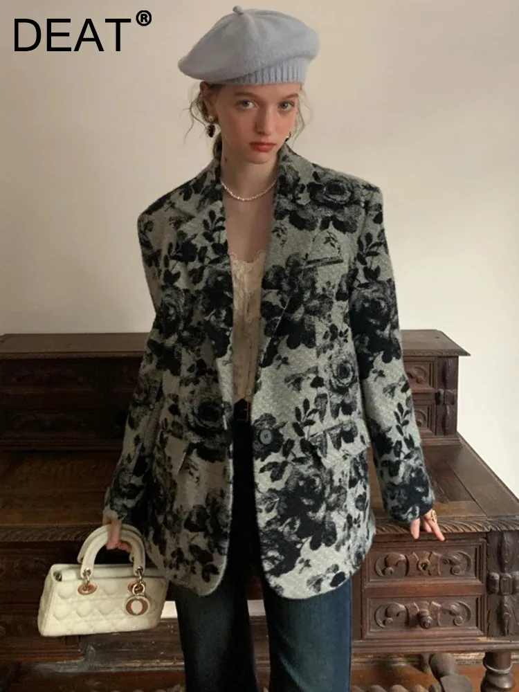 

DEAT Fashion Women's Print Blazer Notched Single Breatsed Pockets Split Loose Retro Suit Jakctes Winter 2023 New Tide 7AB2074