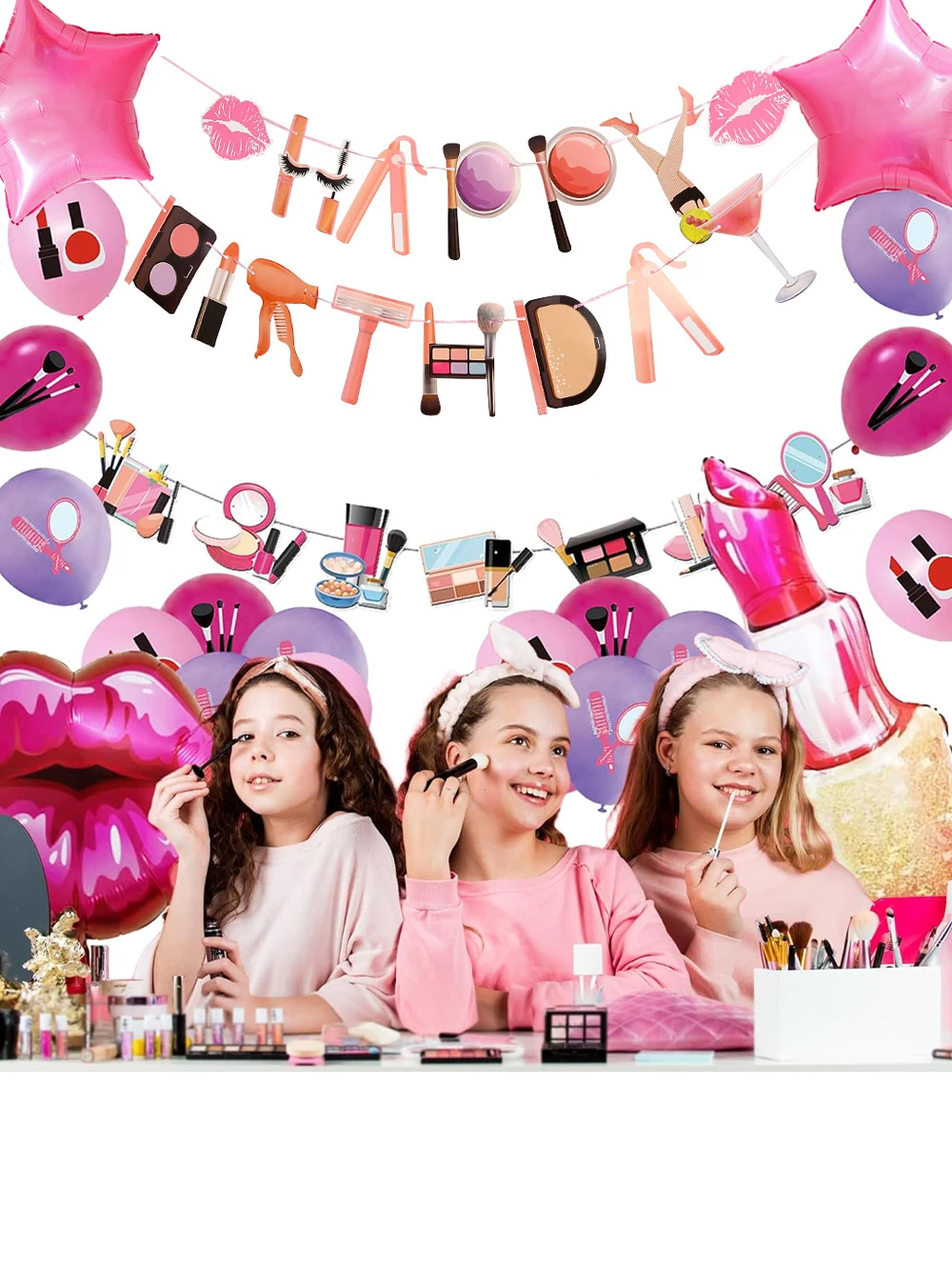 Description Picture 2 of itemSpa Makeup Party Decorations Happy Birthday Banner Balloons Cake Topper for Girls Women Makeup Birthday Spa Party Decor Supplies