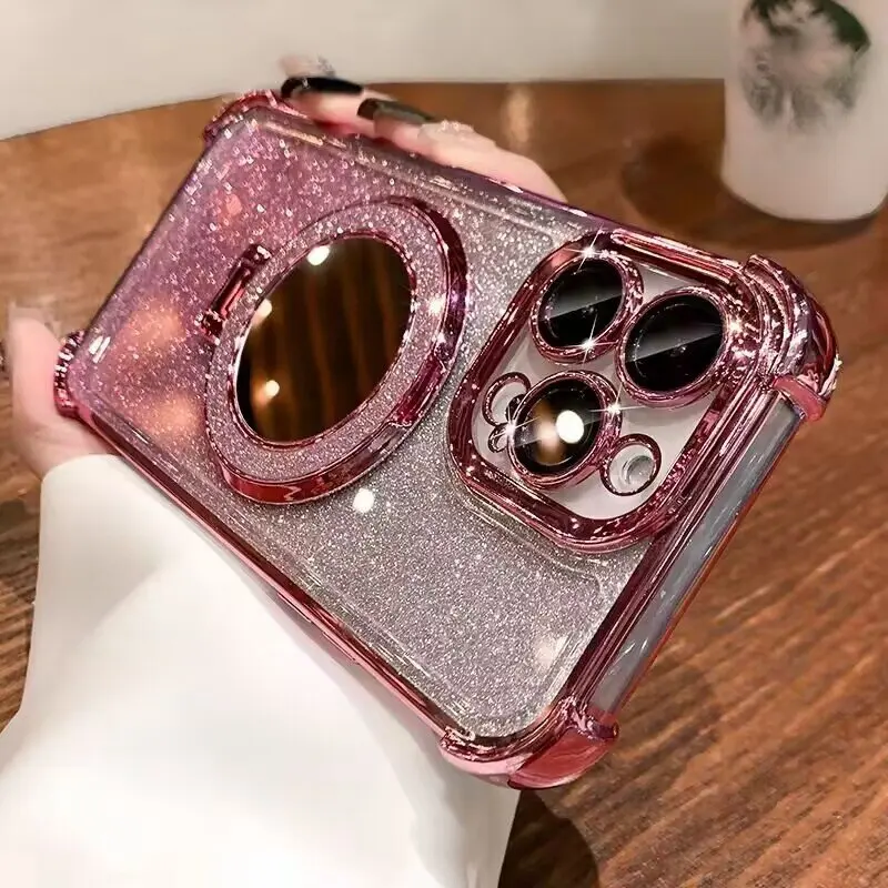 Glitter Make Up Case with Magsafe Holder and Pearl Chain Design