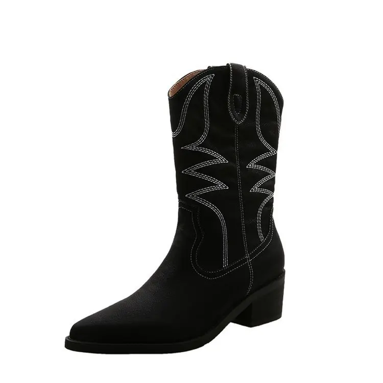 Platte Platform Cowboy Laarzen Vrouwen Schoenen Herfst Winter Bont Lederen Laarzen Mode Ronde Neus Hoge Hakken Dames Schoenen