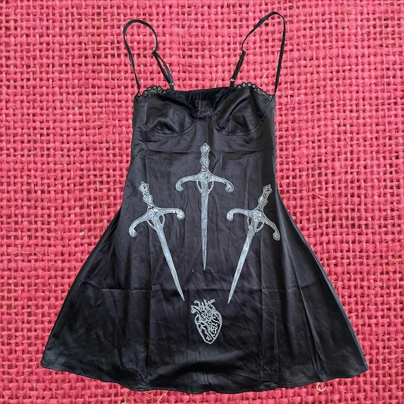 Hip Hop Street Gothic Women's Dress Vintage Y2K Chic Aesthetic Hip Hop Punk Rock Harajuku Emo Girls V Neck Slim Suspender Dress 2