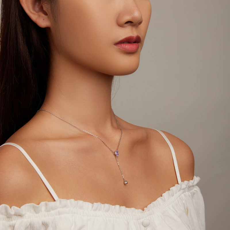 WOSTU 925 Sterling Silver Water-Drop Necklaces Purple Zircon Lily of the Valley Adjustable Chain For Women Gift Fine Jewelry 4