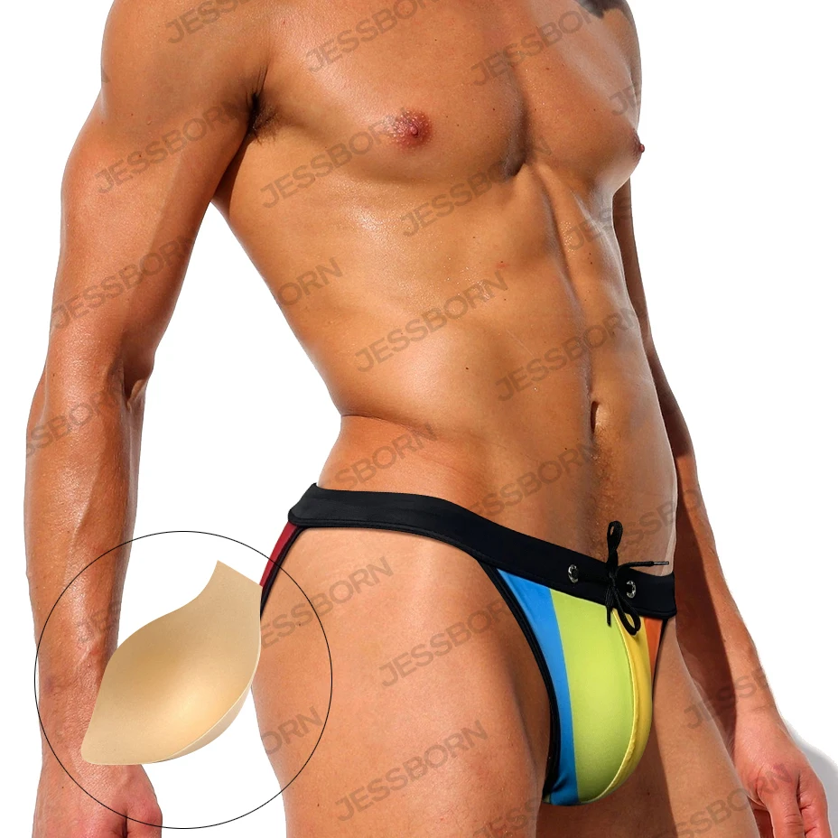 

High Cut Mens Bainbow Swimwear Polyester Quick Dry Low Waist Bikini Swim Briefs Sexy Pad Push Up Gay Beach Surfing Bathing Suit
