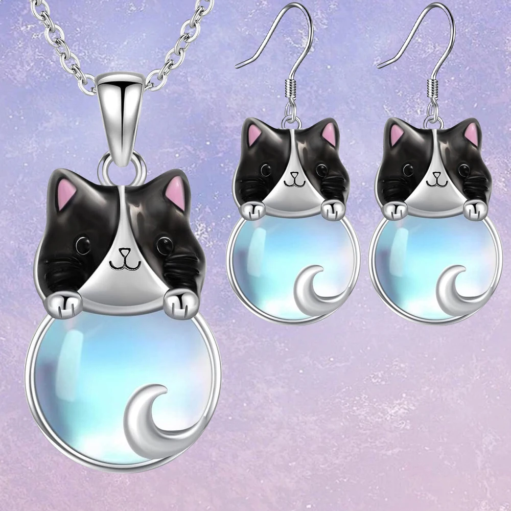 Pendientes De Piedra Lunar Para Gatos De Plata De Ley Para Mujeres, Amantes  De Los Gatos, image size:1000x1000