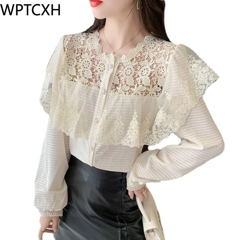 

Women's Shirt Hollowed-out Lace Ruffles Collar Patchwork Shirts Korean Sweet All-match Tops Office Ladies Casua Elegant Blouse