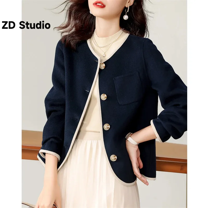 

[ZD Studio] Small Fragrant Wind Coat Winter New Exquisite Temperament Contrast Color Binding Decoration Women's Short Double