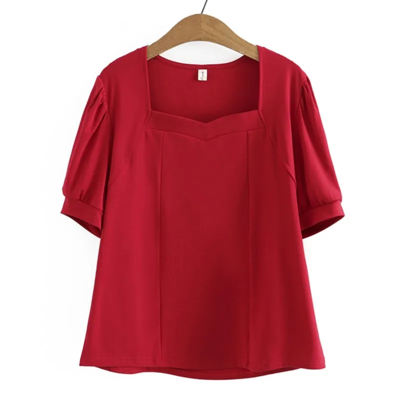 plus-size-women-t-shirt-2023-summer-puff-sleeve-french-cotton-tops-slim