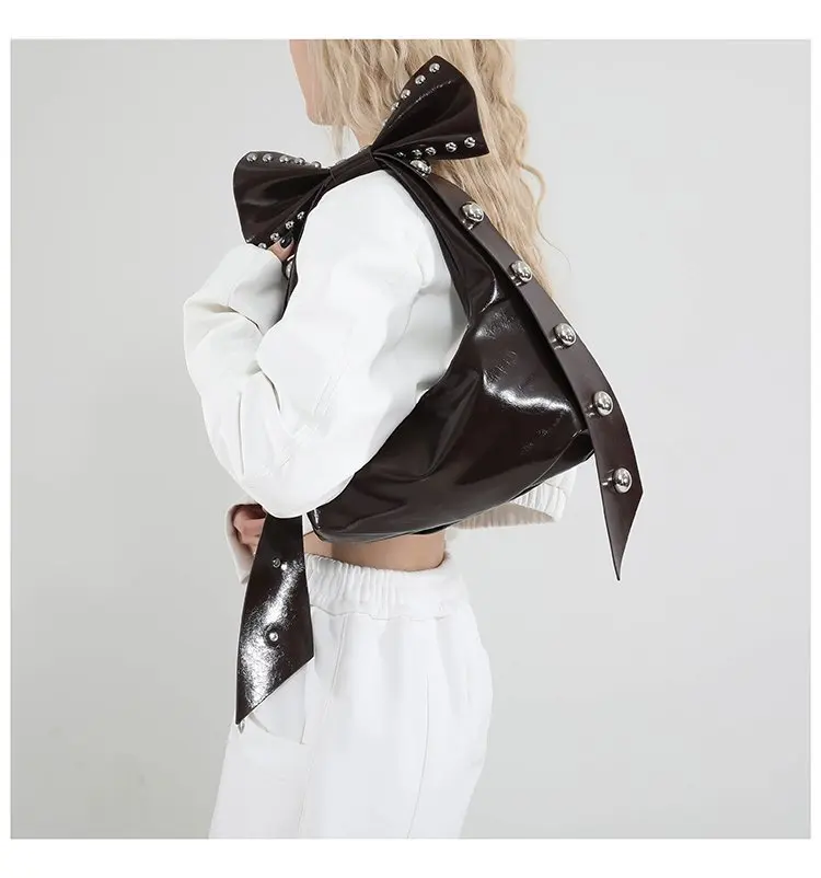 JIAERDI Fairy Core Aesthetic Pink Bow Shoulder Bags For Women Versatile Rivet Pu Leather Y2k Handbag Hot Girls Underarm Bag 2025