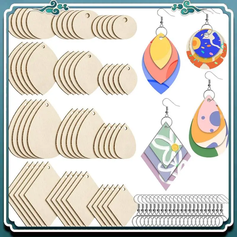 Premium 120Pieces Unfinished Wooden Earrings Blank Wood For Earring 4 Shapes For Wooden Earring With Hooks & Jump Rings