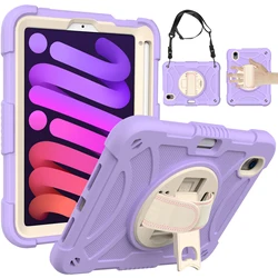 Versatile 360° Rotating Protective Case with Kickstand, Shoulder Strap, and Pen Slot - iPad mini 6 (PURPLE)