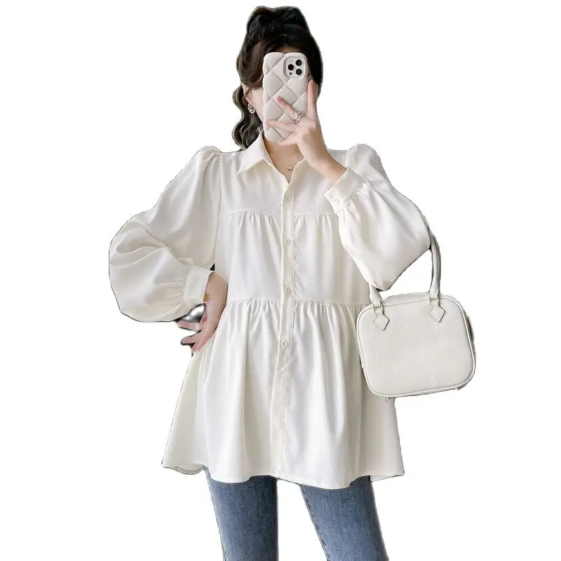 Korean Style Maternity Formal Shirts Long Sleeve Loose Turn-down Collar Button Fly Pregnant Woman Ball Gown Blouse Pregnancy Top 2