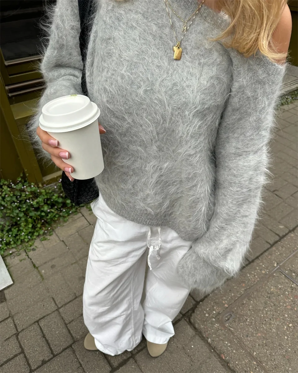 Sweet Solid Off Shoulder Cropped Sweater Pullover Fashion Full Sleeve Loose Knitted Knitwear Lady High Street Autumn Sweaters