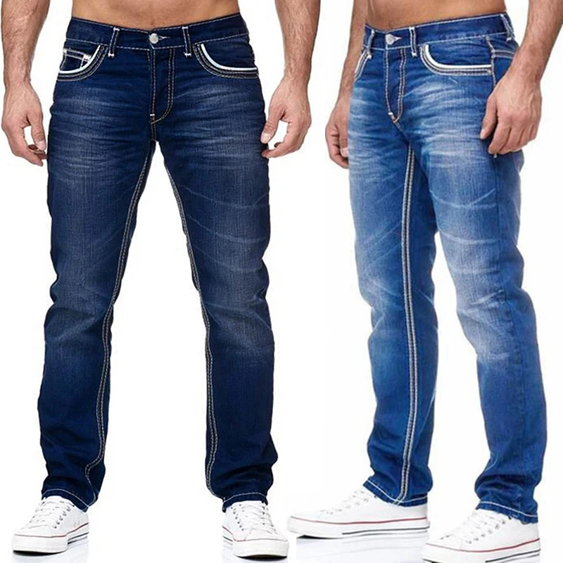 Men Jeans Black Straight Pants Spring Autmun Pockets Denim Casual Tousers Light Blue High