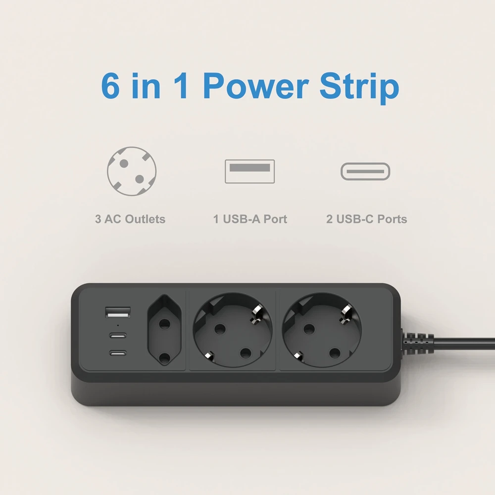 Power Strip 6 IN 1 2500W EU Plug 1.5M Extension Cord Socket Extender With 3AC Outlets 3USB 17W Fast Charging 7 Safety System