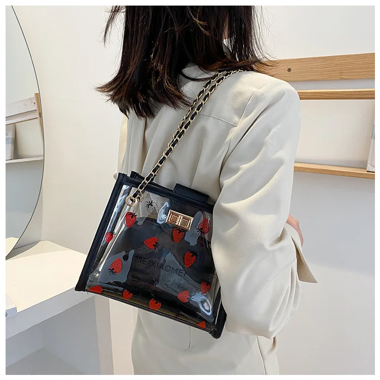Borsa trasparente alla moda per donna Borsa a tracolla da donna da viaggio trasparente in PVC con borsa Borsa tote ecologica fragola di grande capacità_voghion.com