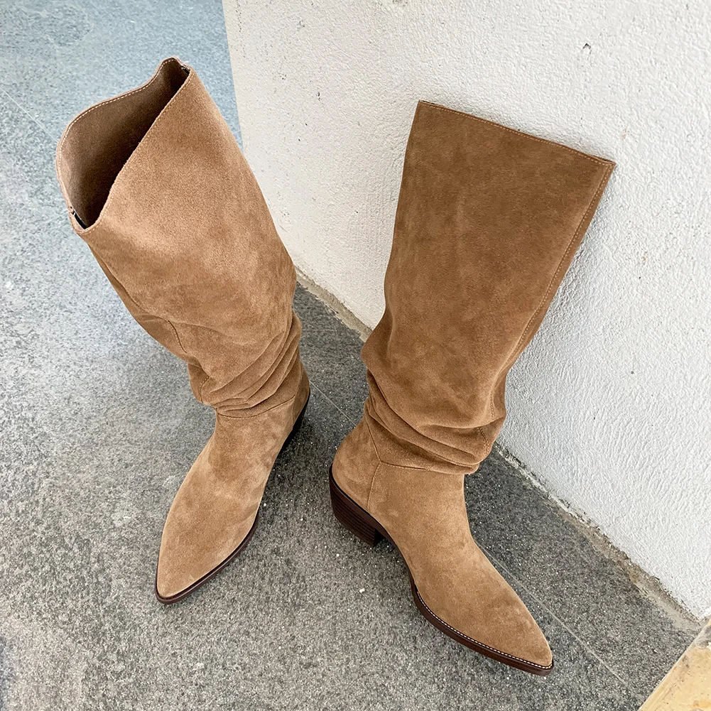

Cow Suede Daily Botas Pointed Toe Spring Autumn Woman Boots Cowgirls Western Boots Woman Slip On Simple Pleated Mid-Calf Shoes