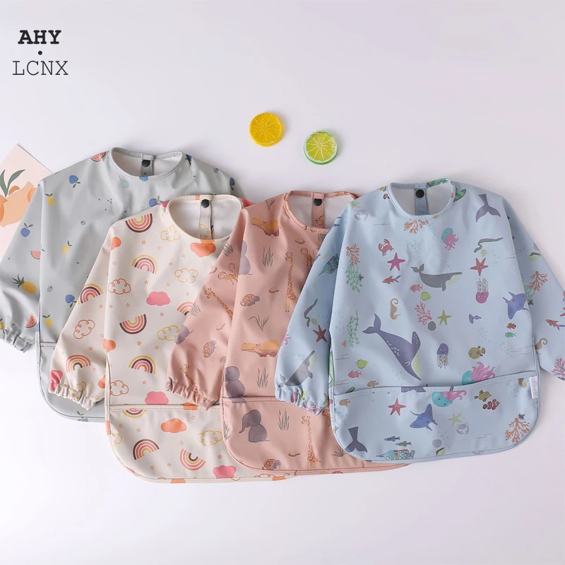 

Waterproof Baby Bibs Toddler Danish Long Sleeves Pocket Dirty Free Feeding Bib High Quality Children PU Apron Cartoon Kids Stuff