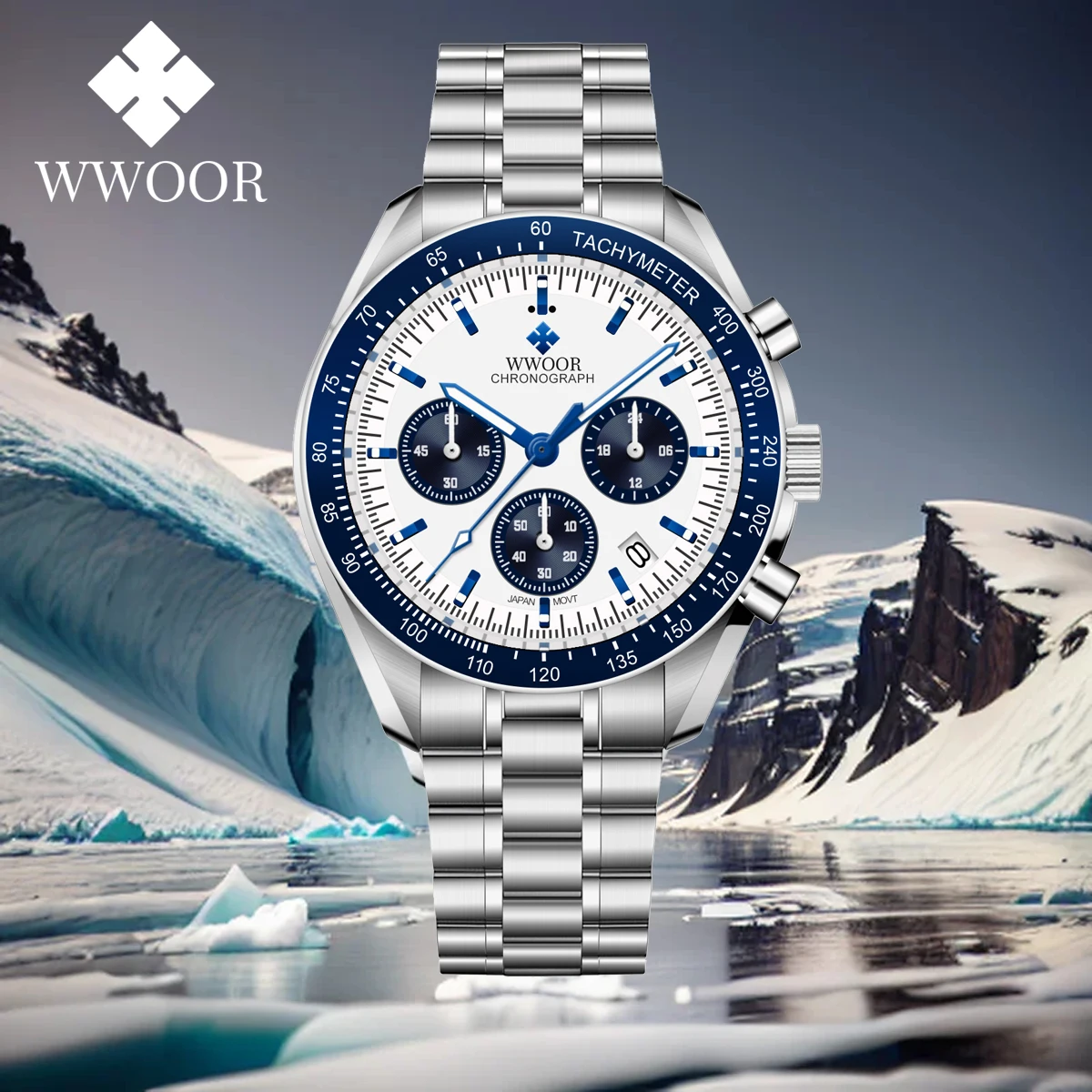 

WWOOR Mens Watches Top Brand Luxury Men's Sports Quartz Watch VK63 Stainless Steel Waterproof Luminous Chronograph Reloj Hombre