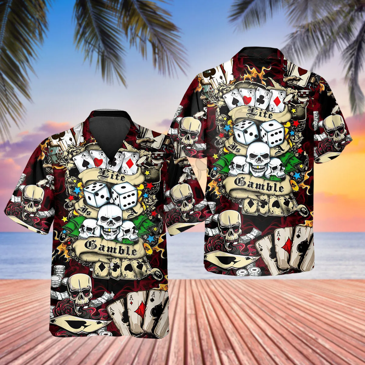 3D Printed Lucky Dice Spades Gambling Skull Hawaiian Shirt Summer Short Sleeved Shirts Men Shirts Oversize Camisa Social 5XL