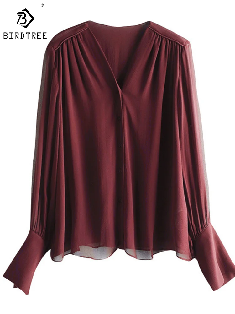 

Birdtree Real Mulberry Silk Shirts for Women Solid Color Loose Elegant Chic Shirt OL Autumn Winter New Blouses Tops T38372QM