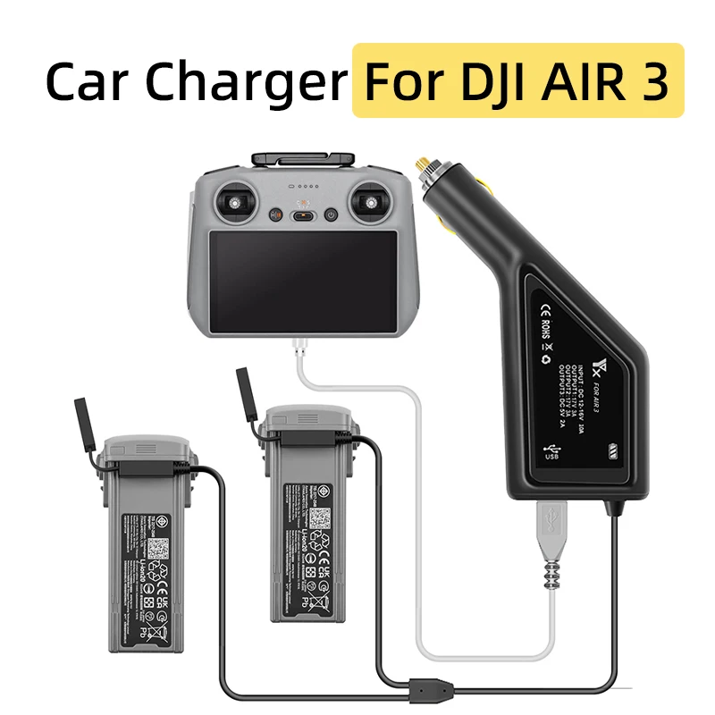 

For DJI AIR 3 Drone Dual Battery Car Charger 3 Way Charging USB Port Charging Remote Controller Fast Charging Accessories