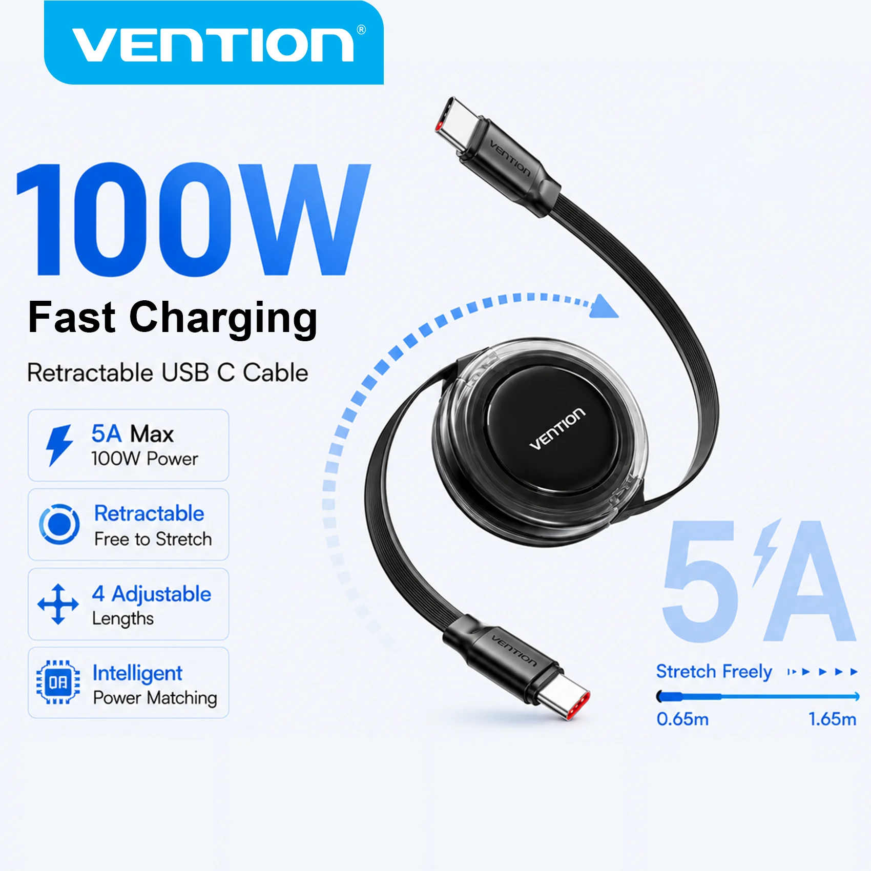 Vention 100W Typ-C Kabel, einziehbares Kabel für iPhone 17 16 15 Samsung S25 Xiaomi 17, USB-C auf Typ-C Schnellladekabel, USB-C Datenkabel