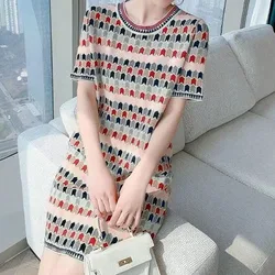 Korean Temperament Printed Short Sleeve Dresses Women's Clothing 2023 Summer Elegant Fashion Female Round Neck Straight Dress