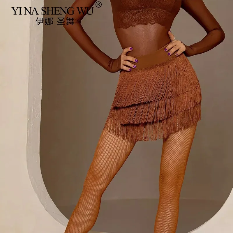 Dance Skirt New Latin Dance Women's Short Skirt Adult Tassel Dress Practice/Stage Costume Performance Three-Layer Skirt Chacha Dance Wear