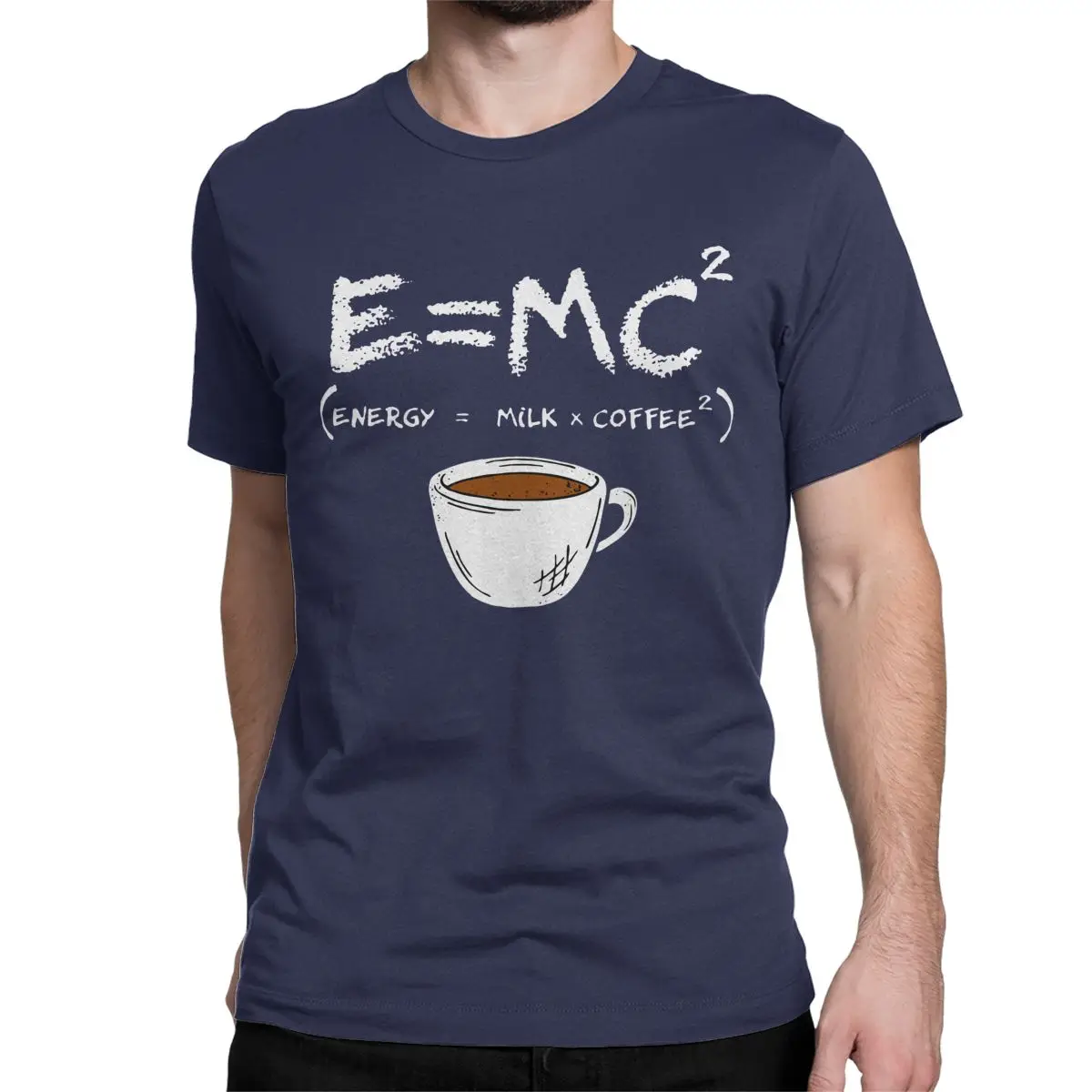 thumbnail image 1 of Camisetas de algodón para hombre y mujer, con cuello redondo y manga corta, con fórmula física E = MC2, de energía=leche+café., 1 of 7