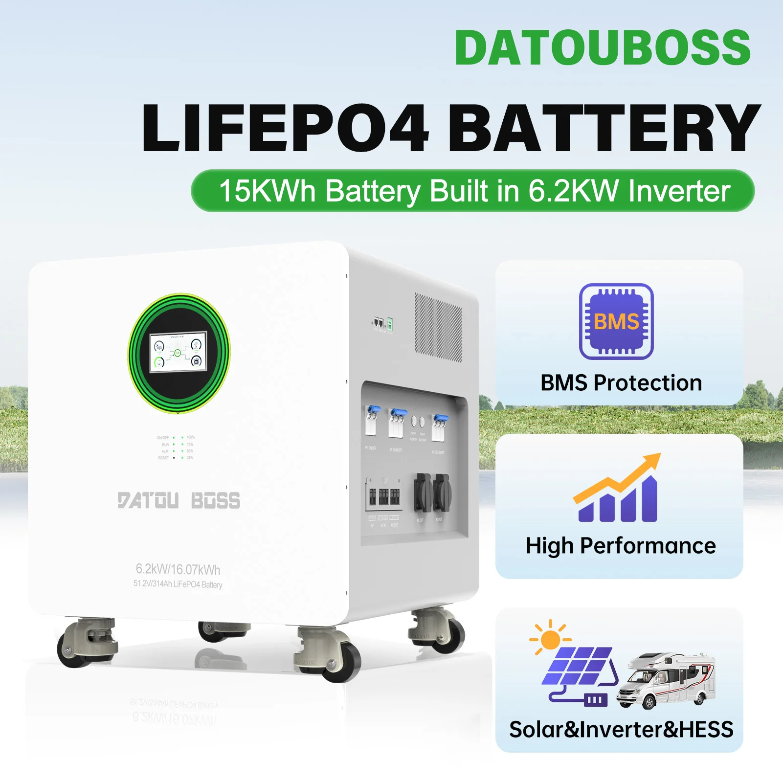 DATOU BOSS 16kWh All-in-One Bateria LiFePO4 z Wbudowanym Hybrydowym Inwerterem 6kW, 51.2V 314Ah, BMS, do Solarnego Systemu Domowego Off-Grid i Zapasowego Zasilania