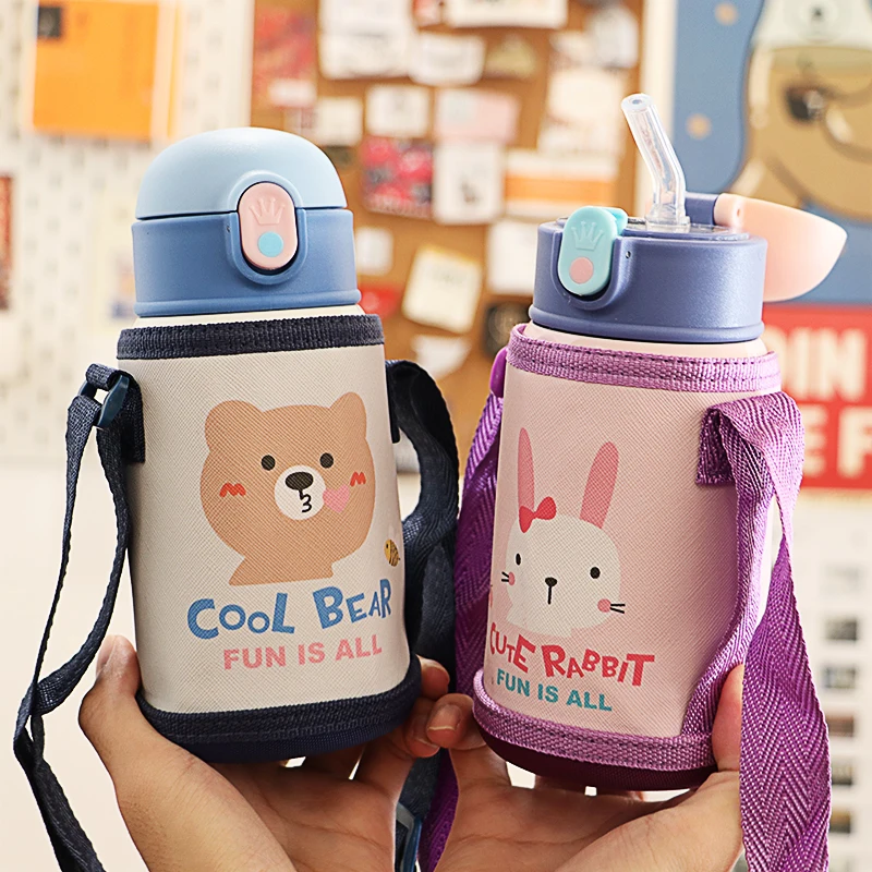 Cute Water Bottle for Children Kids Thermos Mug with Straw Stainless Steel  Dobble Vacuum Flasks Tumbler Thermocup