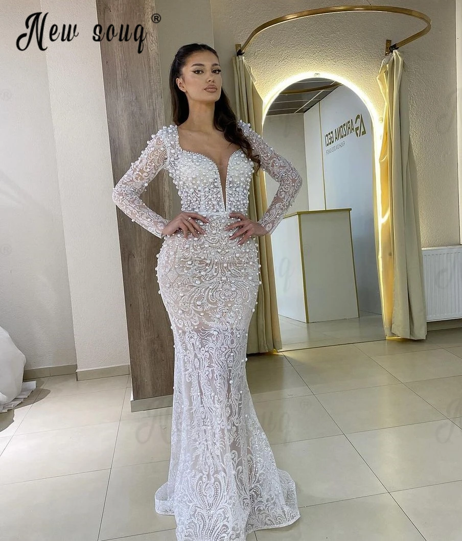 

Ivory Pearls Long Sleeve Lace Wedding Dresses Mermaid Bridal Gowns Beaded Dubai Gorgeous Formal Robe de mariee Custom