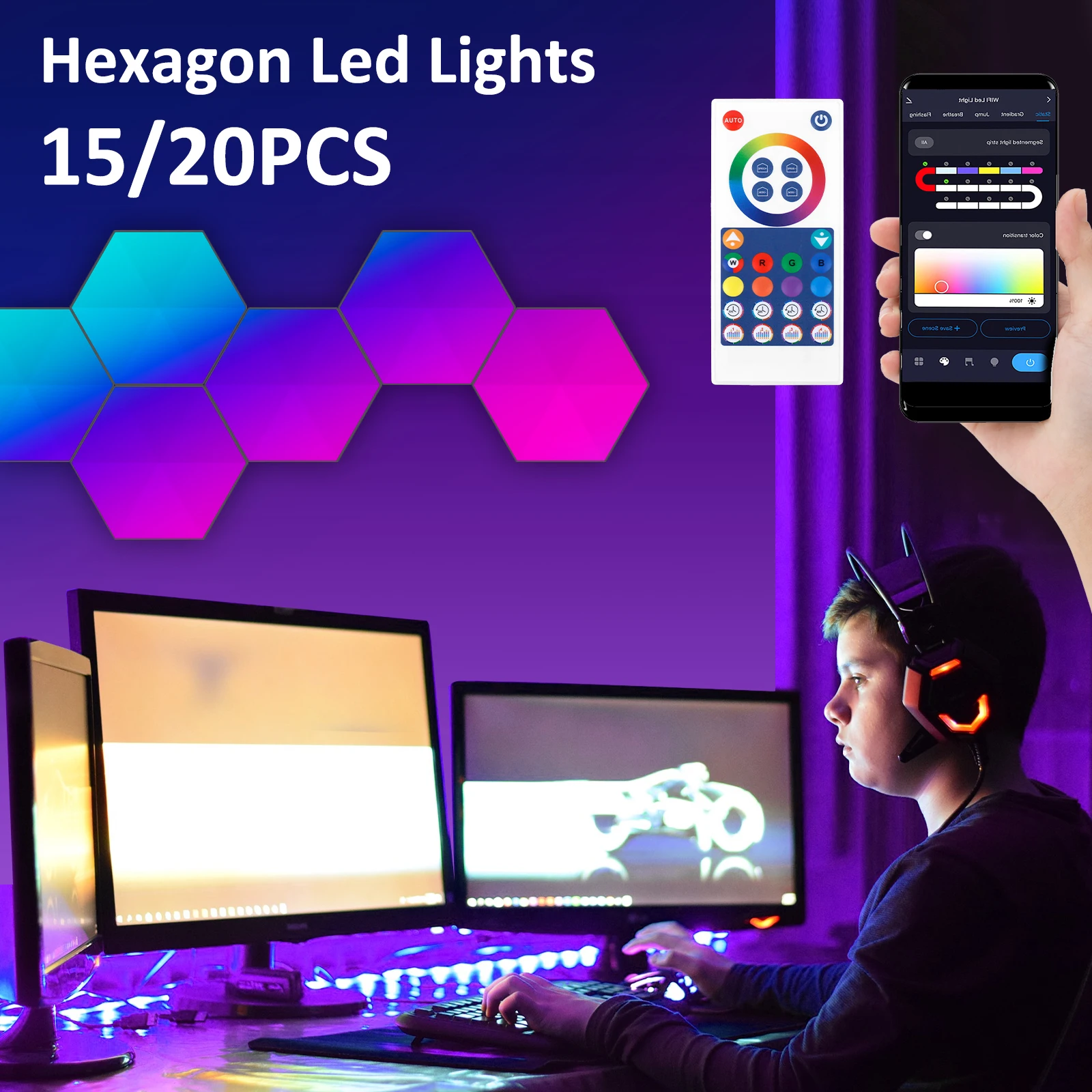 

Hexagon LED Lights Fun DIY LED Hexagon Wall Light Music Sync LED Light Hexagon Panels APP and Remote Control Hexagon RGB Gaming