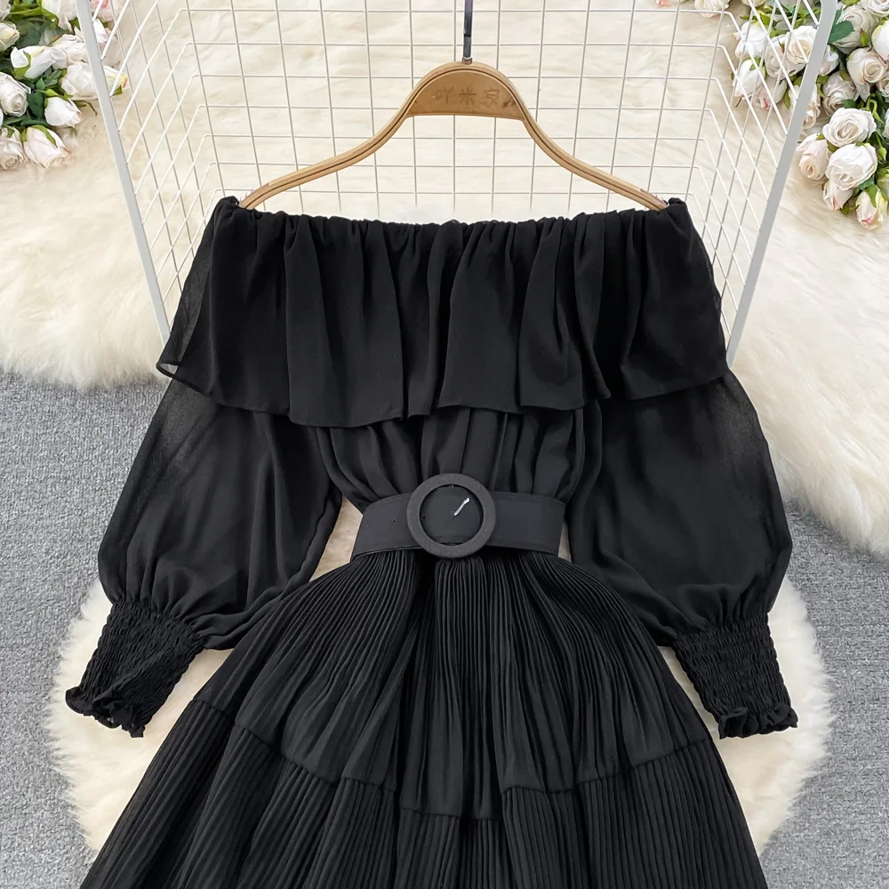 Women Vintage Off Shoulder Dress Chiffon Summer Sweet Lotus Leaf Edge Elegant Pleated Dresses Ladies Evening Party Long Dress
