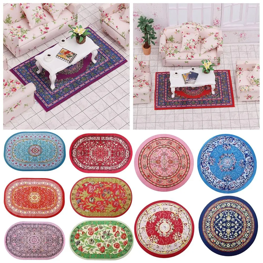 Multicolor Dollhouse Carpet Floral Pattern Accessories Miniature Weaving Rug Oval Round Turkish Style Floor Covering Mat