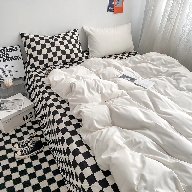 

Checkerboard Bedding Set Summer White Home Linen Cotton&Polyester Solid Duvet Cover Fashion Grid Sheet Pillowcase Bedcloth King