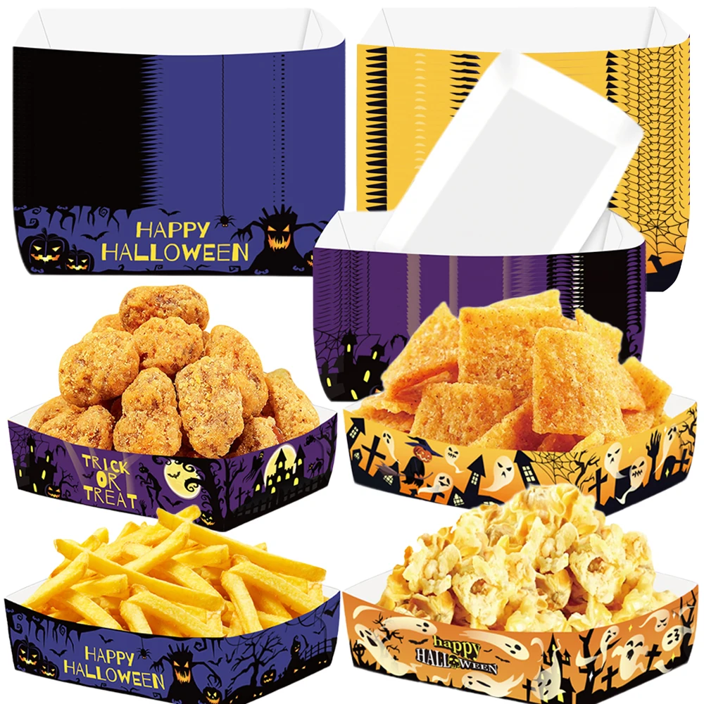 6/12/24 stücke Halloween Einweg Papier Lebensmittel Trays Hot Dog Popcorn Snack Süßigkeiten Tablett Lebensmittel Container Halloween decor Party Liefert