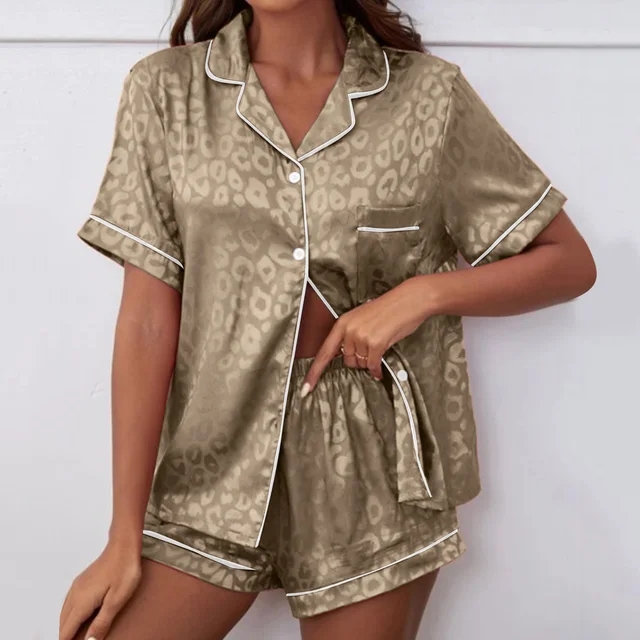 Womens Satin Printed Pajamas Sets Short Sleeved Lapel Silk Housewear Comfortable Girl Tops+Shorts 2 Pcs Set Size 12 Plus-size 4