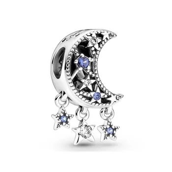 Sterling Silver Moon Star Sun Blue Beads Pendant Fit Pandora 925 Original Charms bracelets for Women Gift Fine Jewelry Making