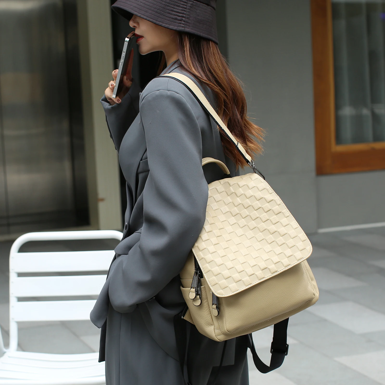 MIYA GARDEN Women's Genuine Leather Shoulder Bag Women Backpacks Square Embossed Luxury Backpacks High Quality Shoulder Bag