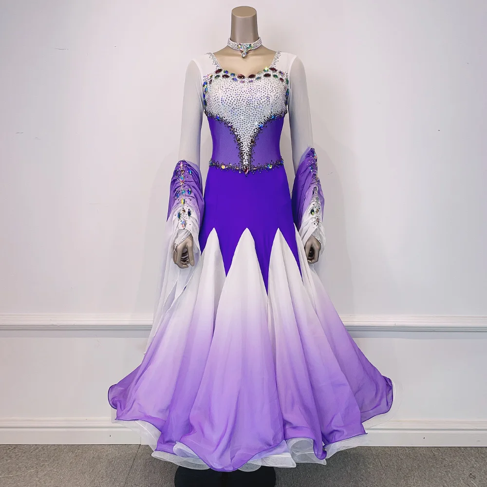 

New Arrival Shading Purple On White Lady International Standard Ballroom Modern Waltz Tango Fox Trot Dance Competition Dress
