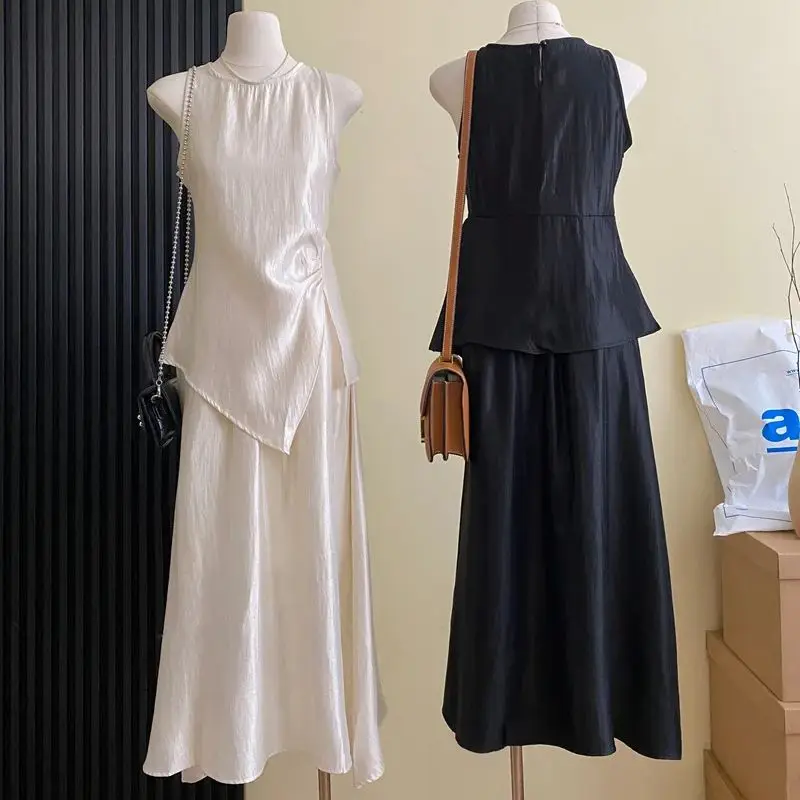 

2024 summer new Zen style textured satin solid color two-piece suit Sleeveless shirt tops long skirt saias