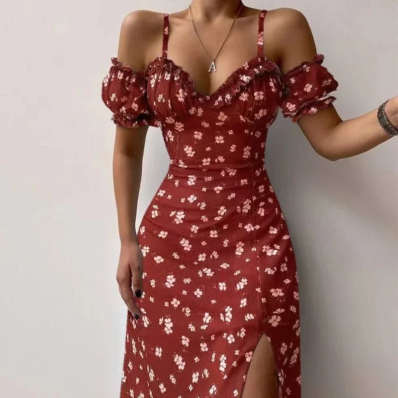 Women's Sexy Split Party Dress Sweet V-neck Ruffles Short Sleeve Spaghetti Strap Elegant Summer Floral Long Dress 21764