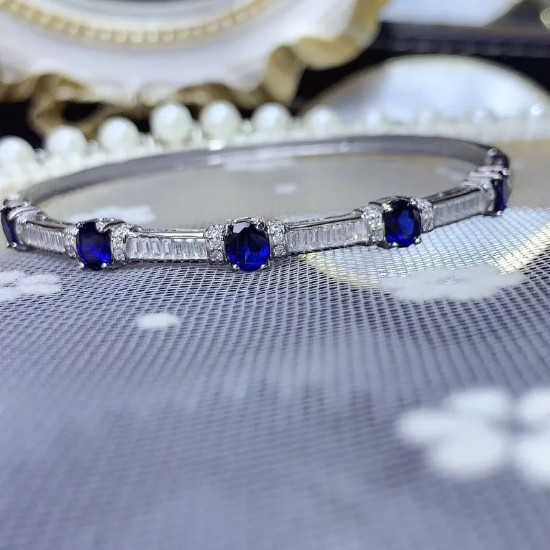 

Natural Blue Sapphire Gem Bangles Natural Gemstone Bangles S925 Silver Bracelet Classic Elegant Array Women Party Fine Jewelry