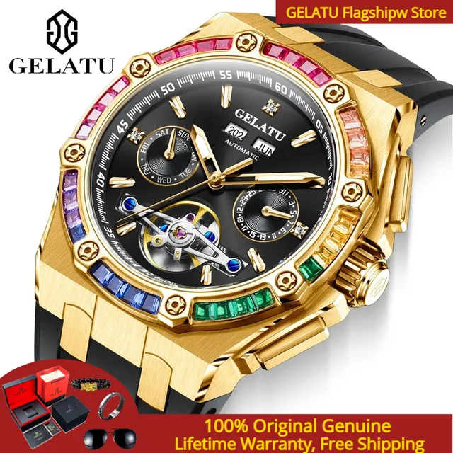 GELATU 6022 Flywheel Skeleton Men Mechanical Watch Luxury Rainbow Diamond bezel Silicone Strap Top Brand Men Automatic Watch