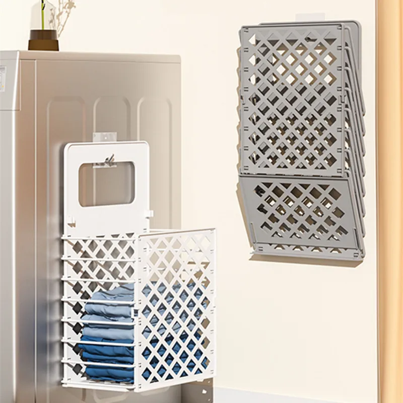 Folding Hollow Out Plastic Dirty Laundry Basket Home Portable Hamper Wall-Mounted Clothes Storage Baskets Bathroom Organizer