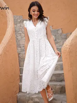 Elegant Casual Solid Hollow Out Pure Cotton Holiday Style High - Summer Dresses NEW