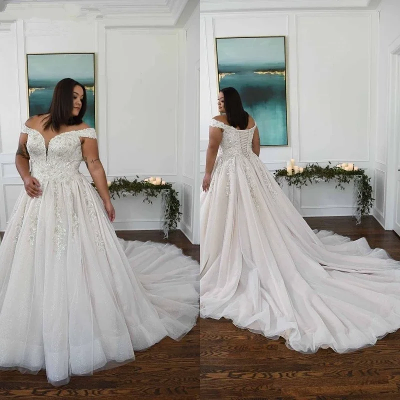 

Plus Size Wedding Dresses Boho Elegant 2022 Off The Shoulder A-Line Appliques Floor Length vestido de novia Bride Wedding Gowns